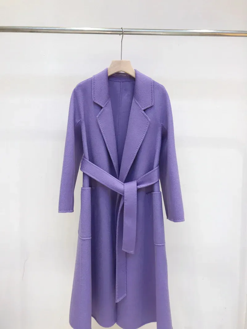 Korean Handmade Hepburn Water Ripple Double-Sided Cashmere Wool Long Coat