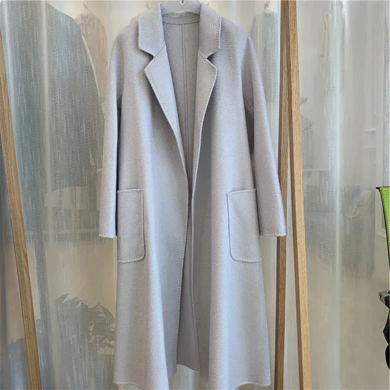 Korean Handmade Hepburn Water Ripple Double-Sided Cashmere Wool Long Coat