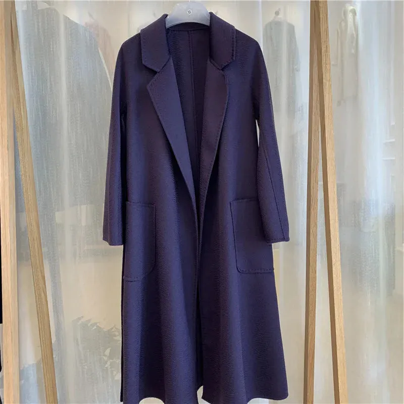 Korean Handmade Hepburn Water Ripple Double-Sided Cashmere Wool Long Coat