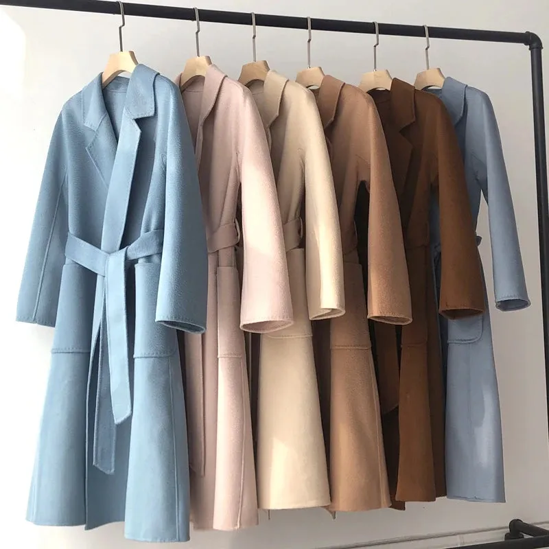 Korean Handmade Hepburn Water Ripple Double-Sided Cashmere Wool Long Coat