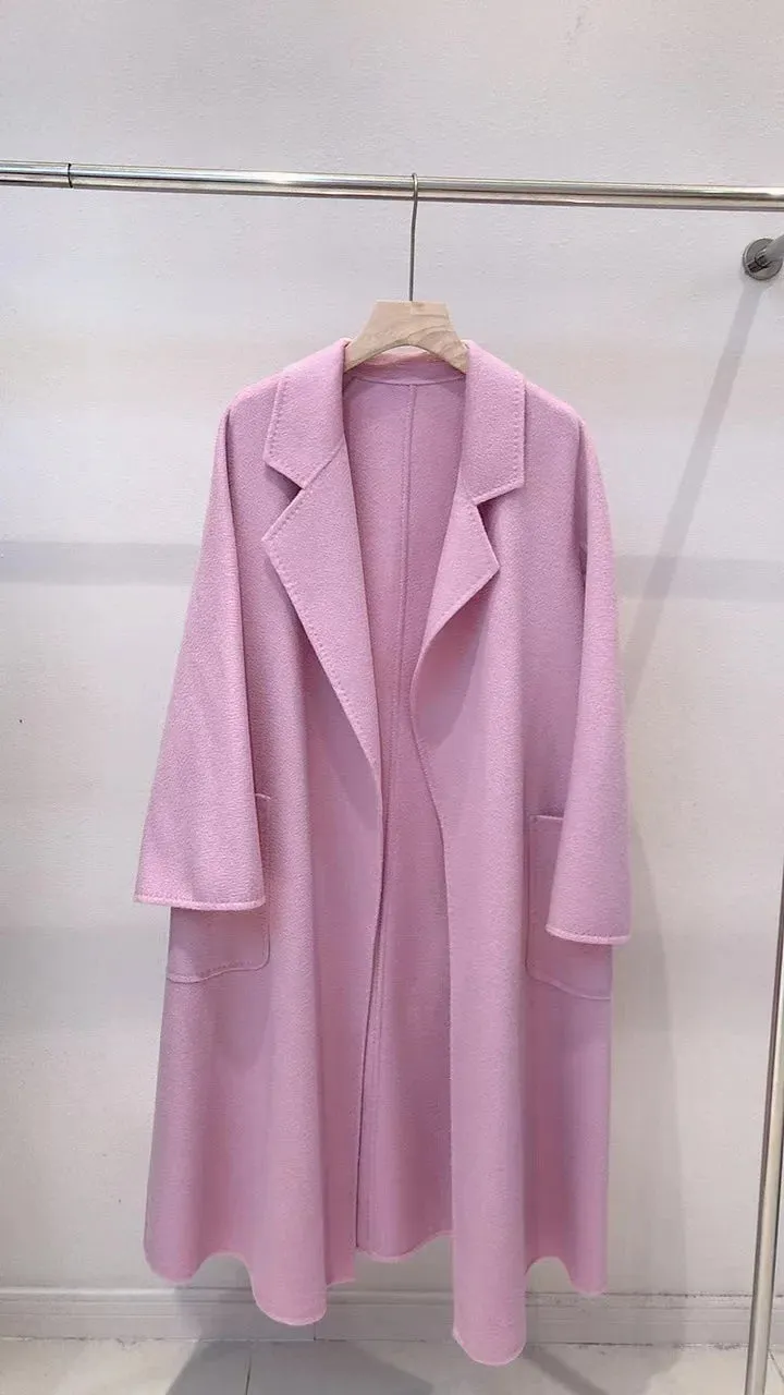 Korean Handmade Hepburn Water Ripple Double-Sided Cashmere Wool Long Coat