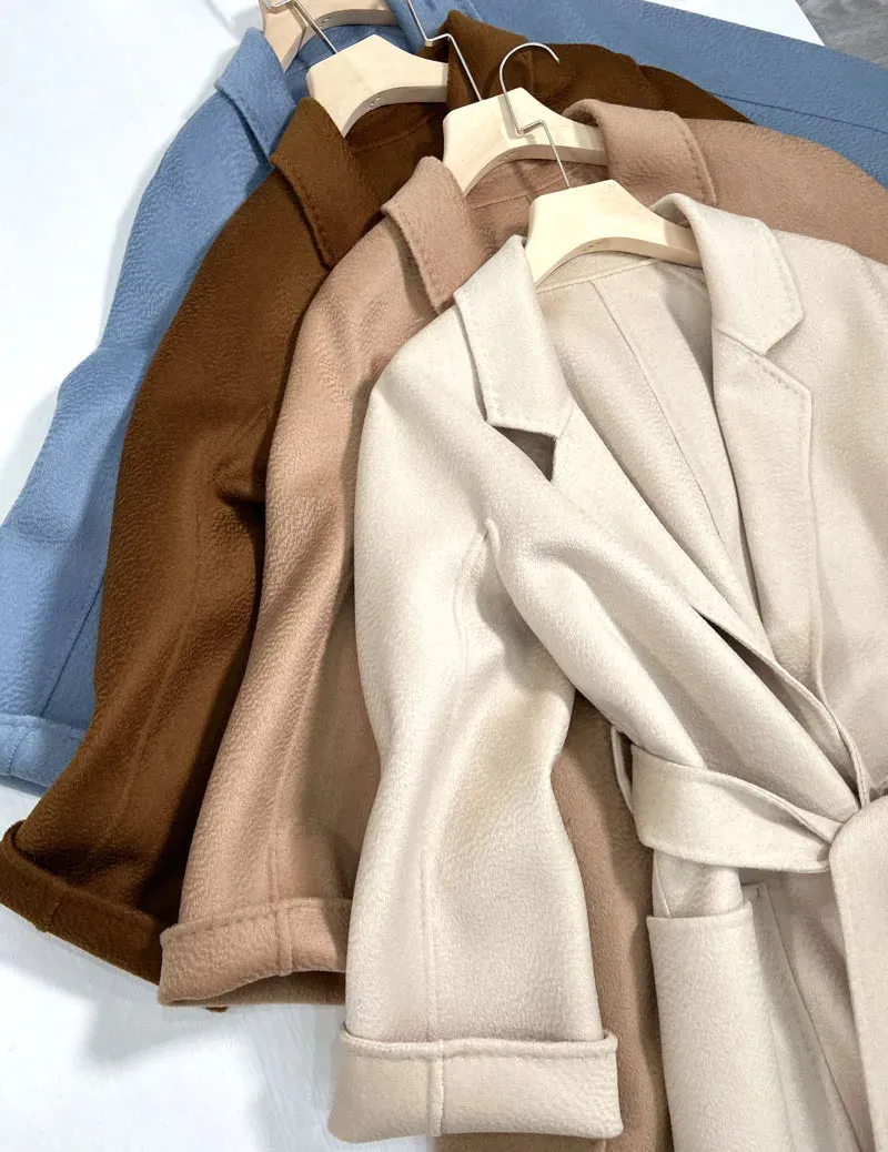 Korean Handmade Hepburn Water Ripple Double-Sided Cashmere Wool Long Coat