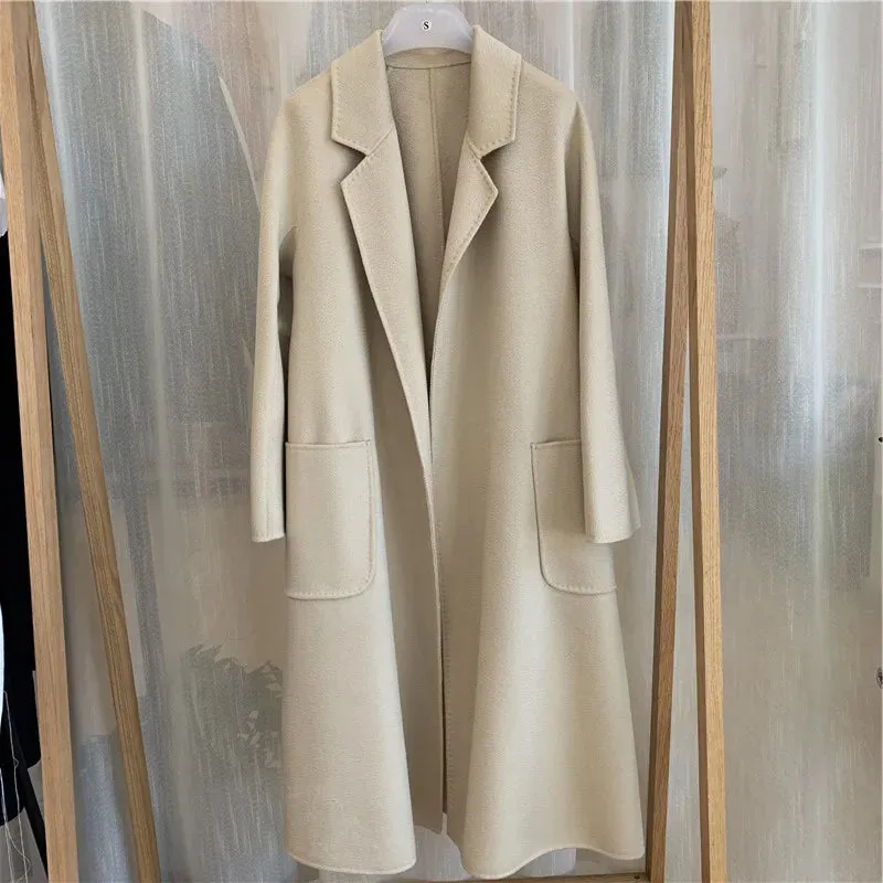 Korean Handmade Hepburn Water Ripple Double-Sided Cashmere Wool Long Coat