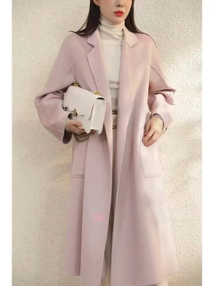 Korean Handmade Hepburn Water Ripple Double-Sided Cashmere Wool Long Coat