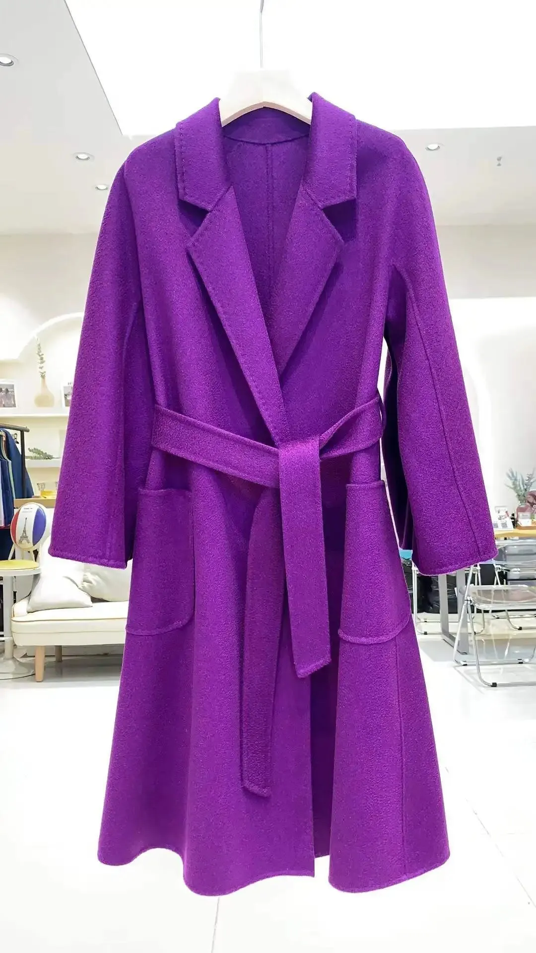 Korean Handmade Hepburn Water Ripple Double-Sided Cashmere Wool Long Coat
