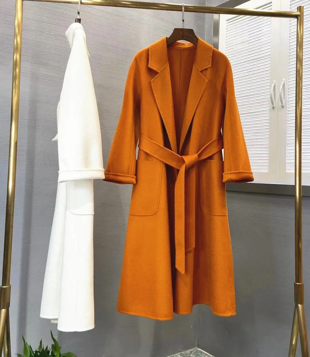 Korean Handmade Hepburn Water Ripple Double-Sided Cashmere Wool Long Coat