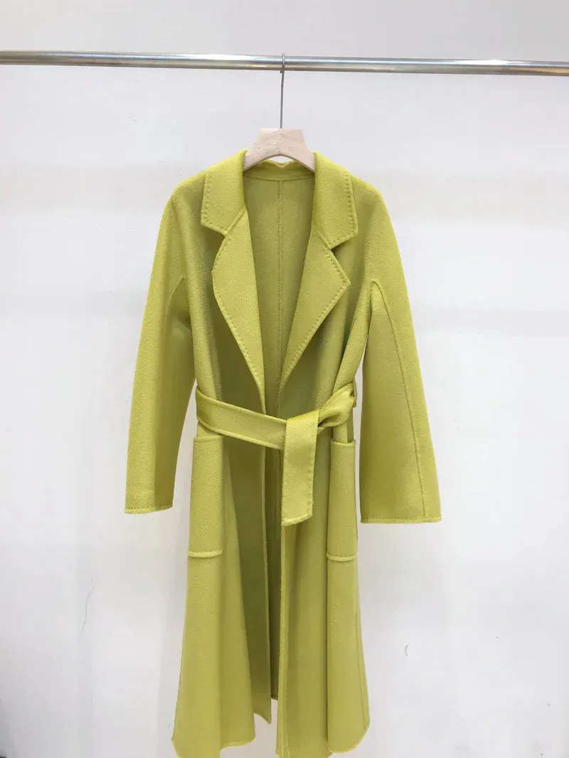 Korean Handmade Hepburn Water Ripple Double-Sided Cashmere Wool Long Coat