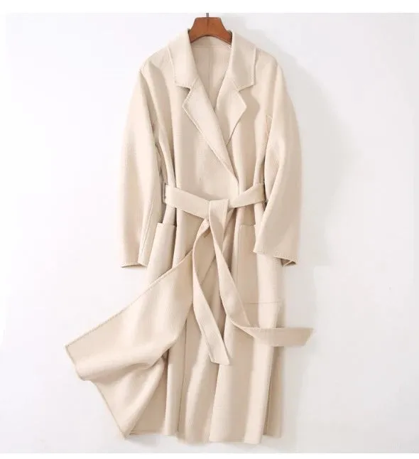 Korean Handmade Hepburn Water Ripple Double-Sided Cashmere Wool Long Coat