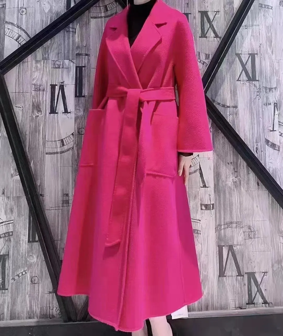 Korean Handmade Hepburn Water Ripple Double-Sided Cashmere Wool Long Coat