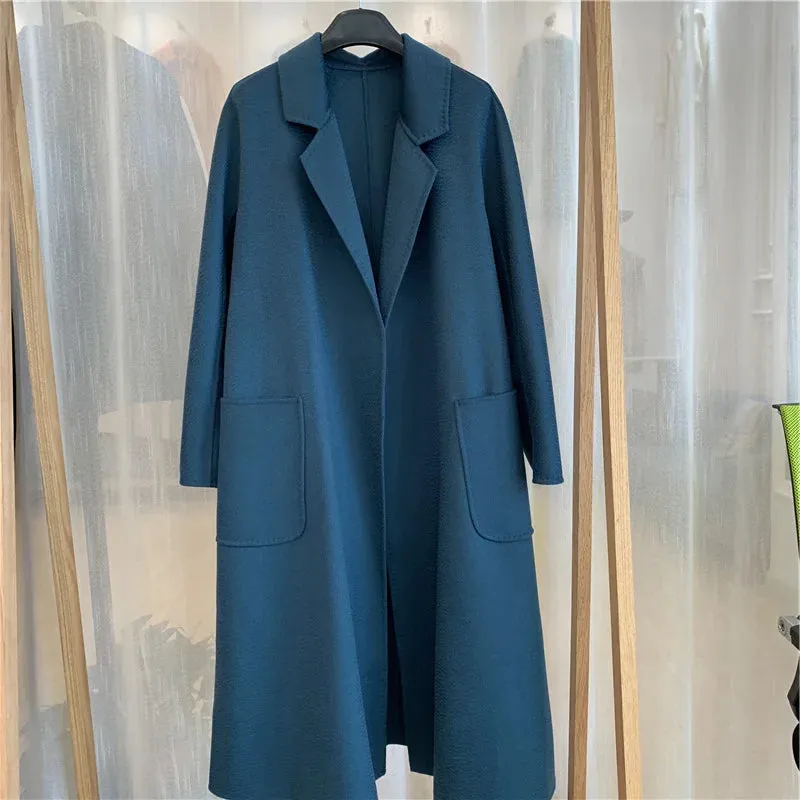 Korean Handmade Hepburn Water Ripple Double-Sided Cashmere Wool Long Coat