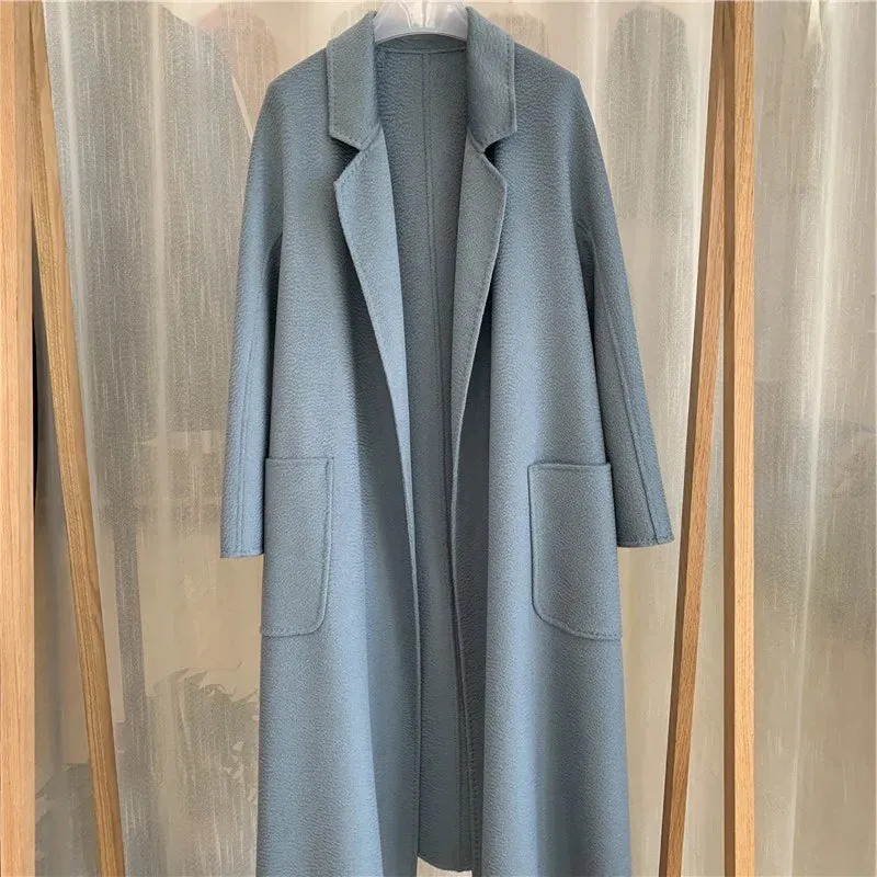 Korean Handmade Hepburn Water Ripple Double-Sided Cashmere Wool Long Coat
