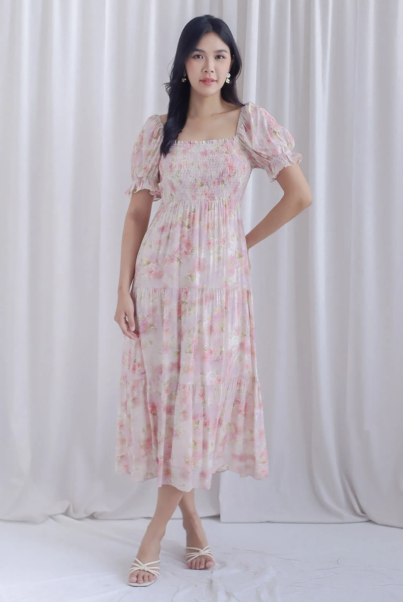 Kristin Puffy Sleeve Smocked Maxi Dress In Pink