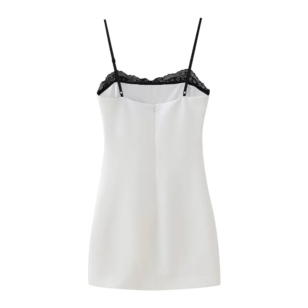 Lace Neckline Spaghetti Strap Mini Dress