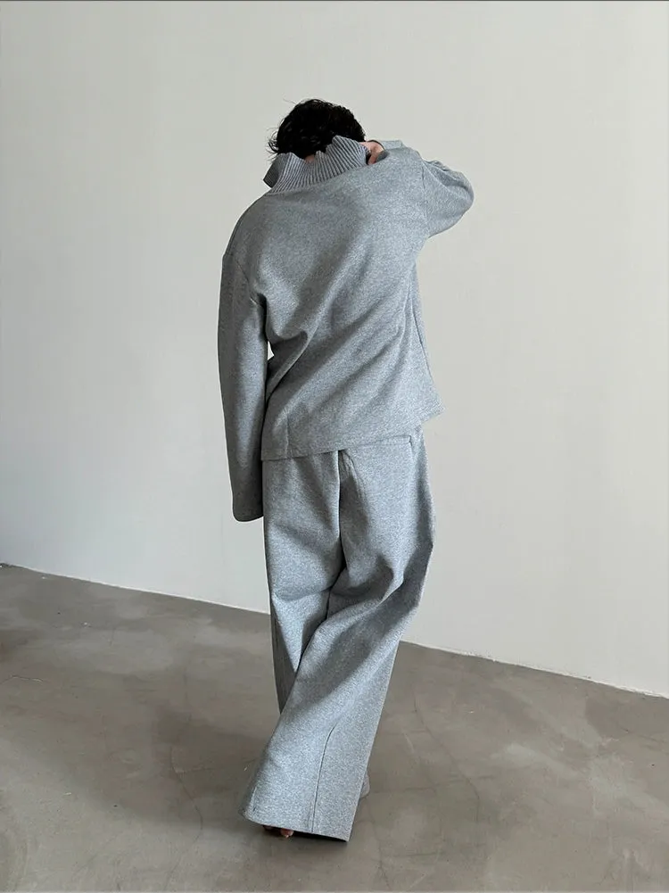 Lapel Sweatshirt and Wide-Leg Pants Set