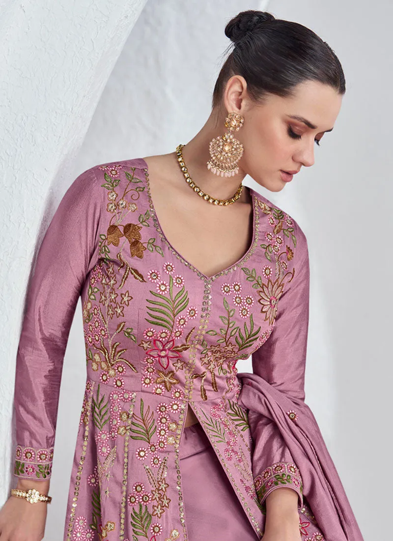Lavender Multi Embroidery Slit Style Anarkali Lehenga