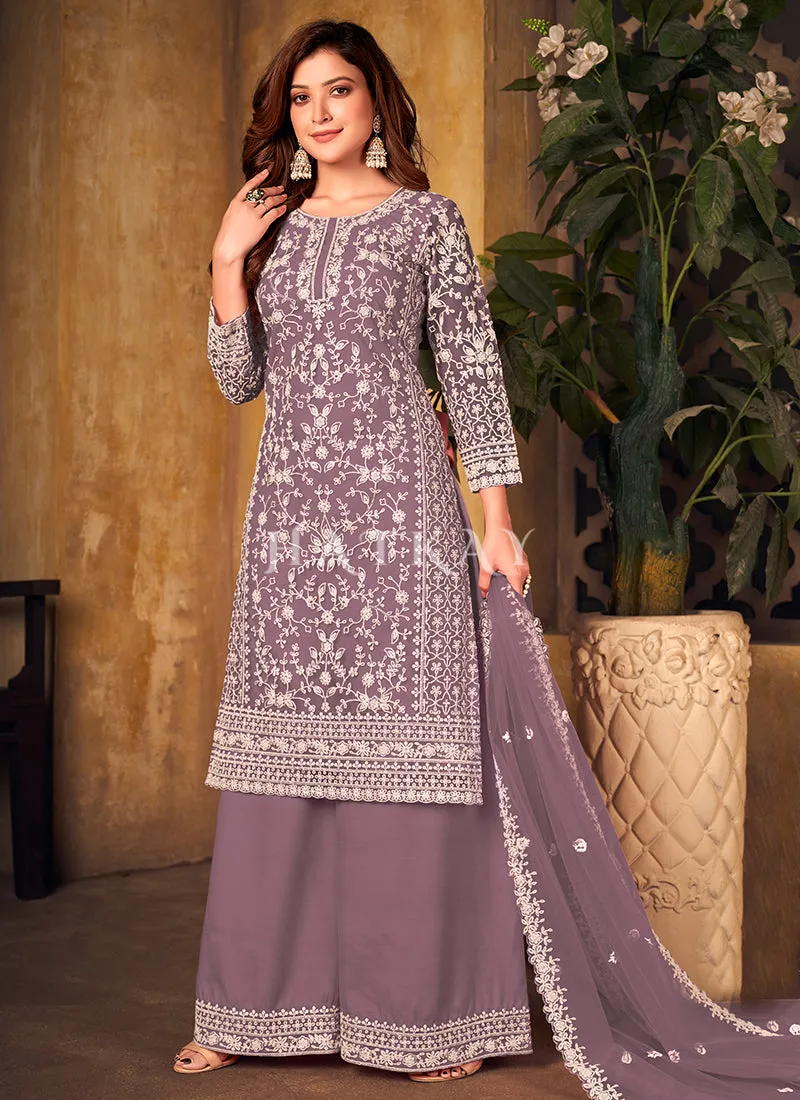 Lilac Purple Embroidered Pakistani Palazzo Suit