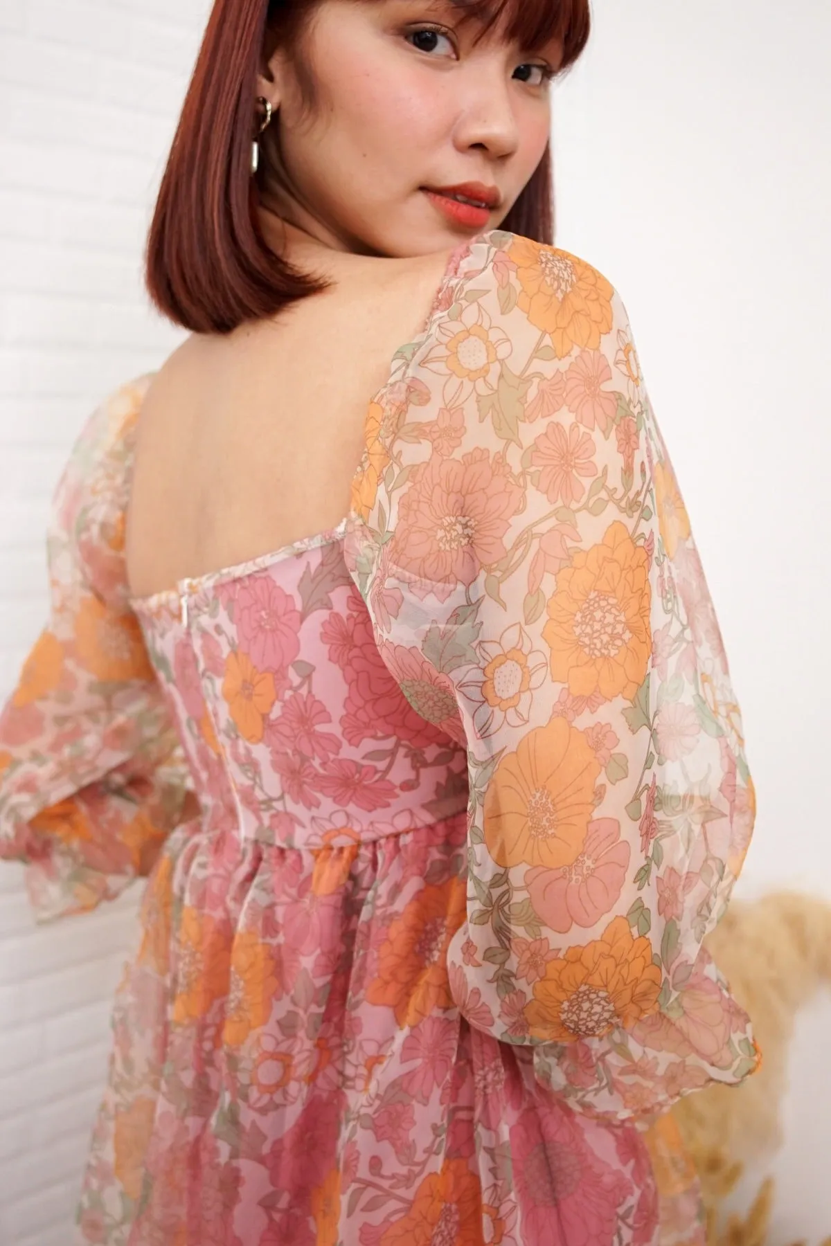 LILITH Puff-Sleeve Floral Organza Baby Doll Dress