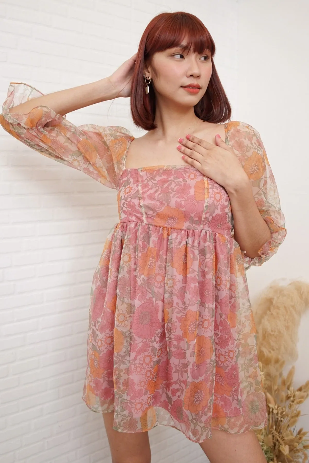LILITH Puff-Sleeve Floral Organza Baby Doll Dress