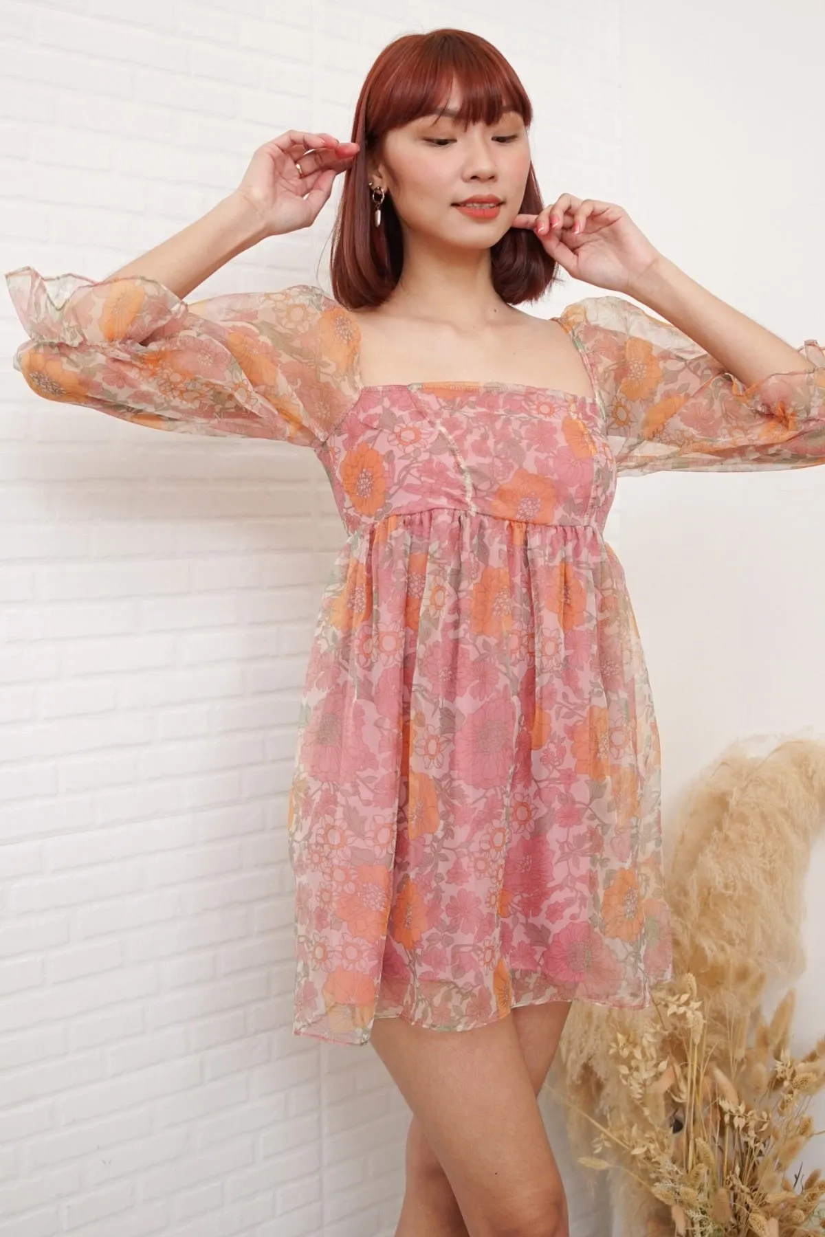 LILITH Puff-Sleeve Floral Organza Baby Doll Dress