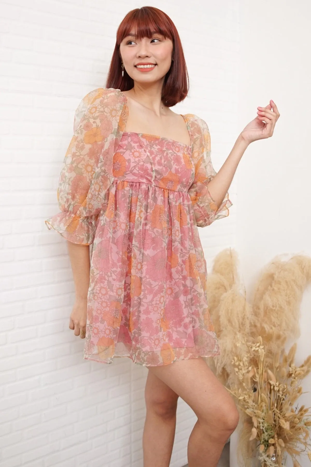 LILITH Puff-Sleeve Floral Organza Baby Doll Dress