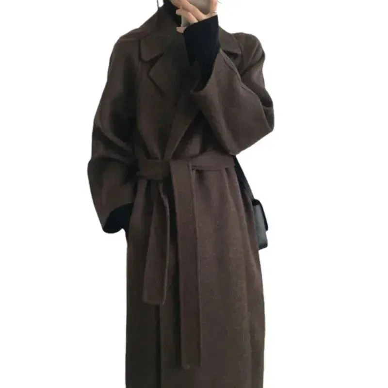 Long Wool Coats for Women – Midi Length with Waist Lace-Up Belt, Full Sleeve