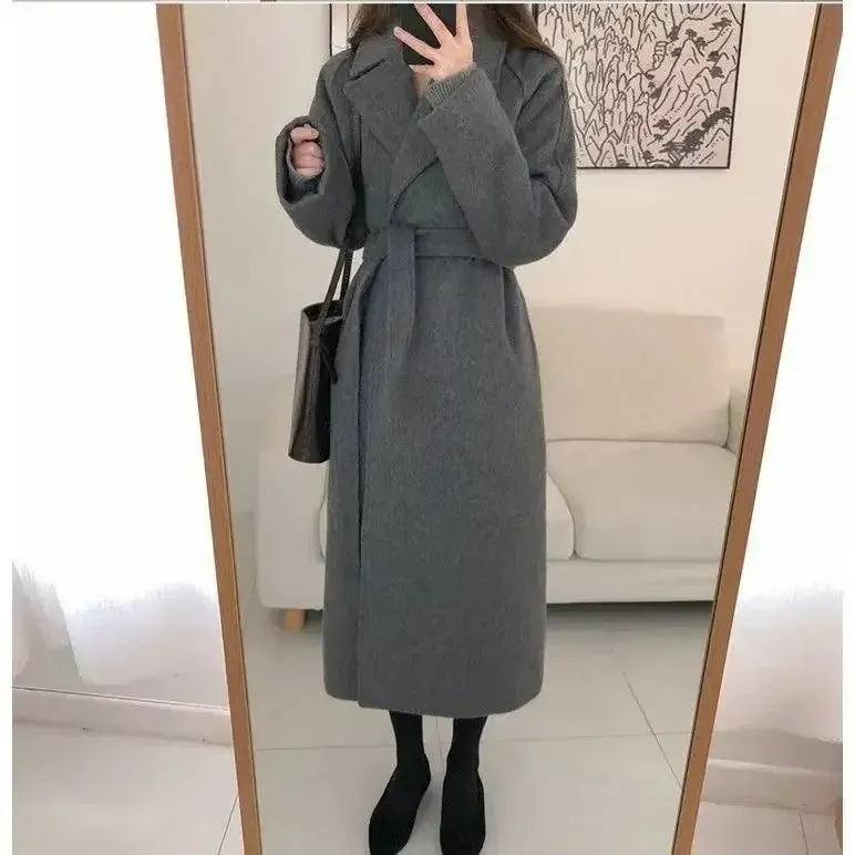 Long Wool Coats for Women – Midi Length with Waist Lace-Up Belt, Full Sleeve