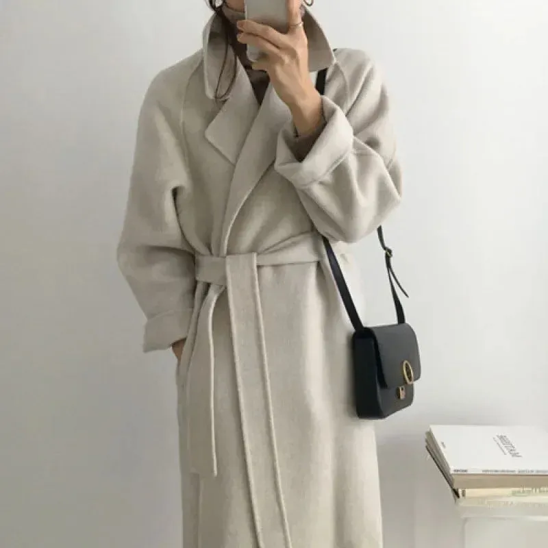 Long Wool Coats for Women – Midi Length with Waist Lace-Up Belt, Full Sleeve