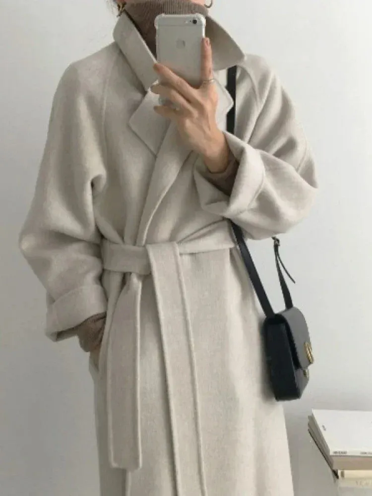 Long Wool Coats for Women – Midi Length with Waist Lace-Up Belt, Full Sleeve