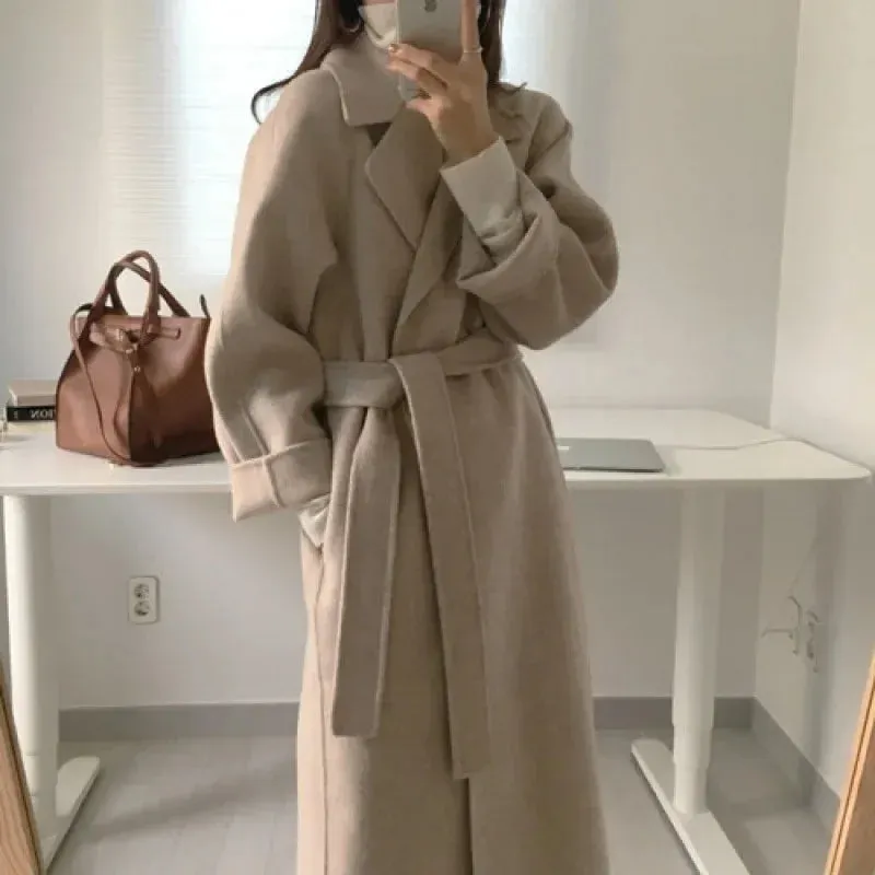 Long Wool Coats for Women – Midi Length with Waist Lace-Up Belt, Full Sleeve