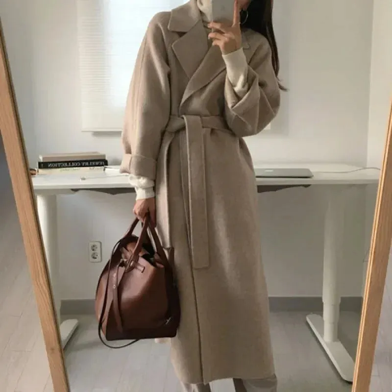 Long Wool Coats for Women – Midi Length with Waist Lace-Up Belt, Full Sleeve