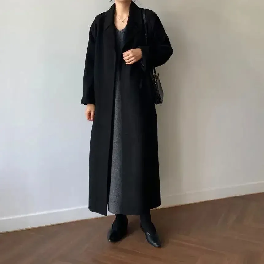 Long Wool Coats for Women – Midi Length with Waist Lace-Up Belt, Full Sleeve