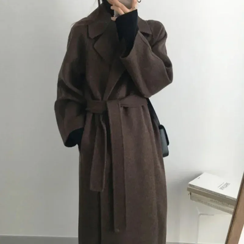 Long Wool Coats for Women – Midi Length with Waist Lace-Up Belt, Full Sleeve