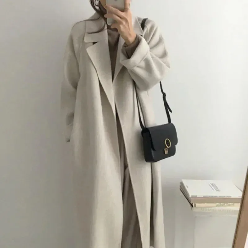 Long Wool Coats for Women – Midi Length with Waist Lace-Up Belt, Full Sleeve