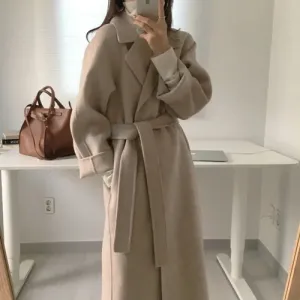 Long Wool Coats for Women – Midi Length with Waist Lace-Up Belt, Full Sleeve