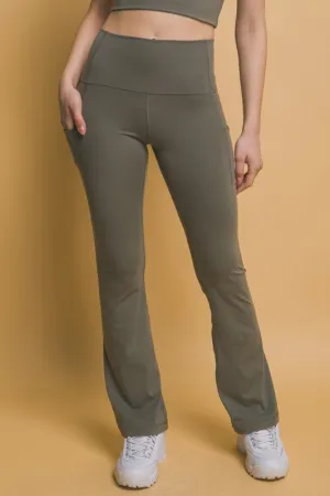 Love Tree High Waist Flare Active Leggings with Side Pockets - Moss