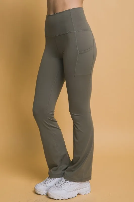Love Tree High Waist Flare Active Leggings with Side Pockets - Moss