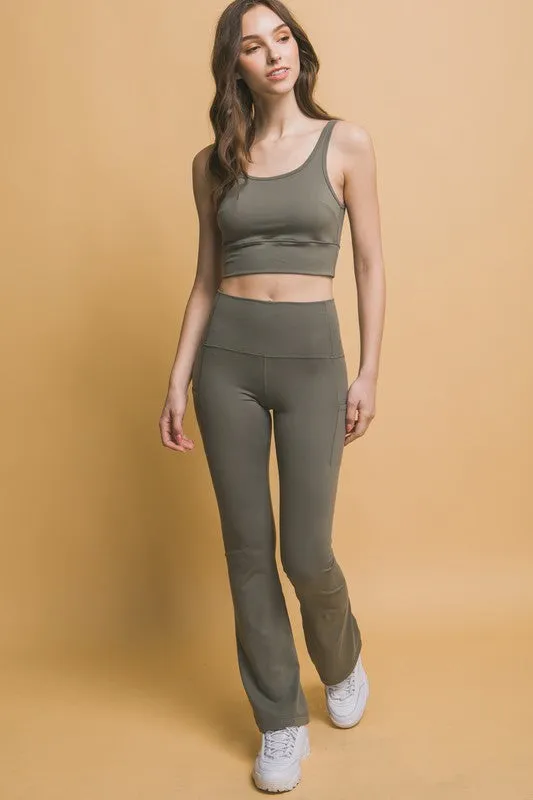 Love Tree High Waist Flare Active Leggings with Side Pockets - Moss