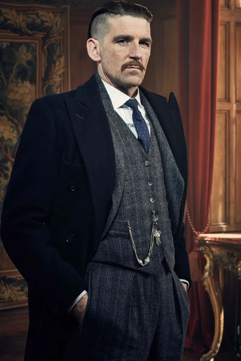 Mens Peaky Blinders Costume Arthur Shelby Vested Suit & Black Overcoat