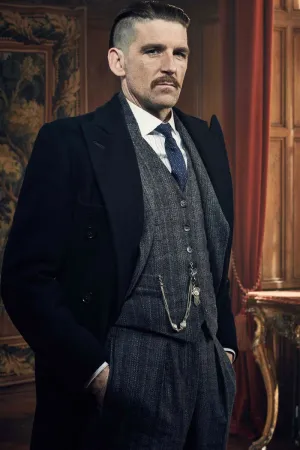 Mens Peaky Blinders Costume Arthur Shelby Vested Suit & Black Overcoat