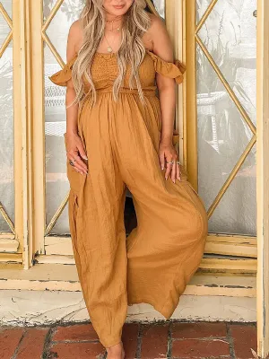 Momnfancy Ginger Yellow Off Shoulder Ruffle Smocked Pockets Wide Leg Daily Fashion Maternity Jumpsuit