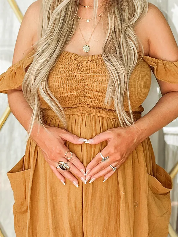 Momnfancy Ginger Yellow Off Shoulder Ruffle Smocked Pockets Wide Leg Daily Fashion Maternity Jumpsuit