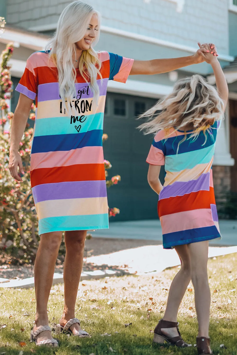 Multicolor Family Matching Letter Printed Color Block Mini Dress
