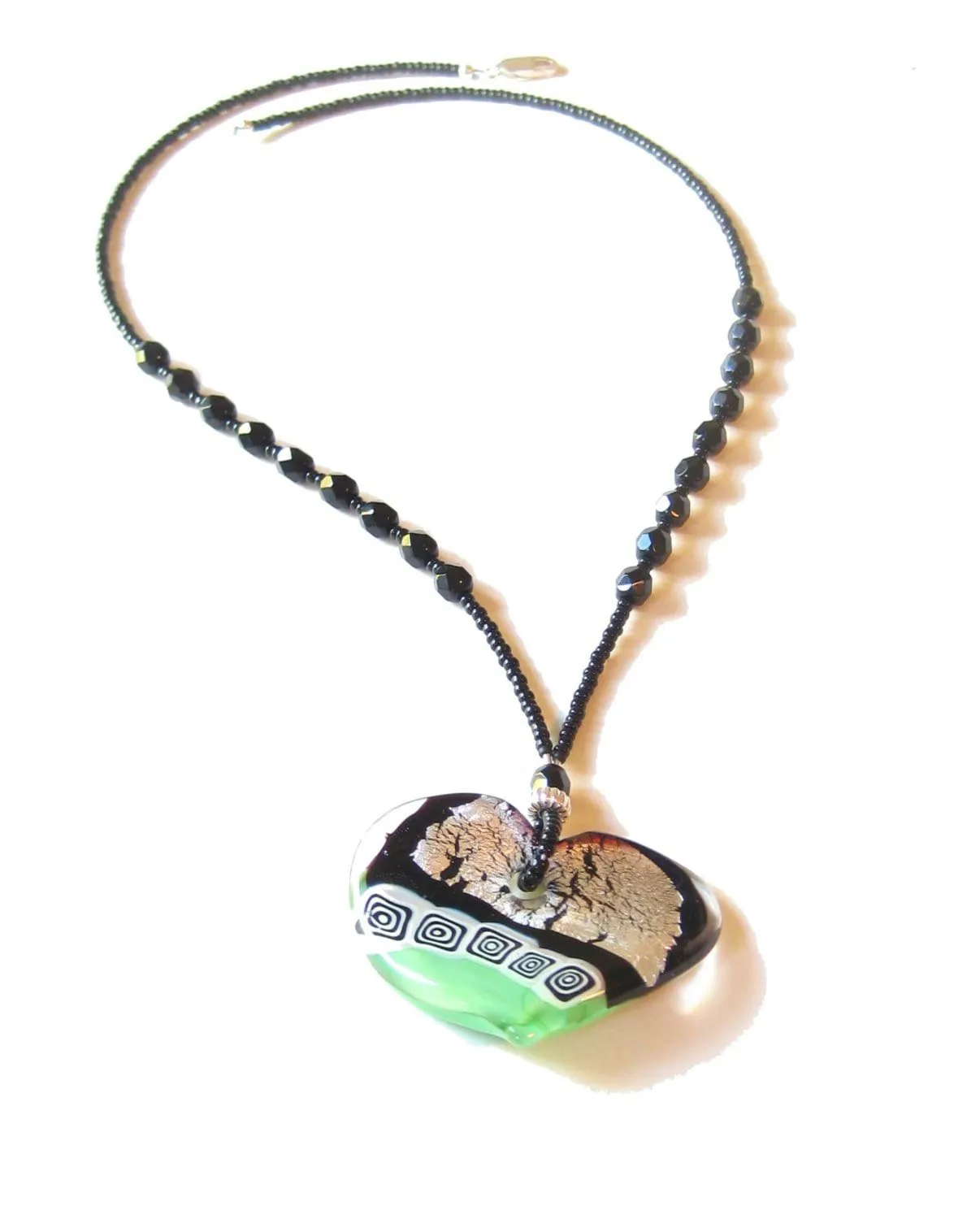 Murano Glass Large Heart Black Green Pendant Necklace