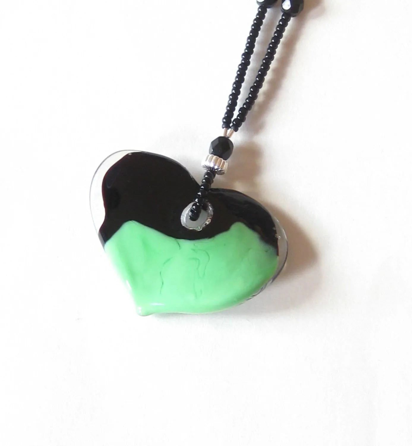 Murano Glass Large Heart Black Green Pendant Necklace