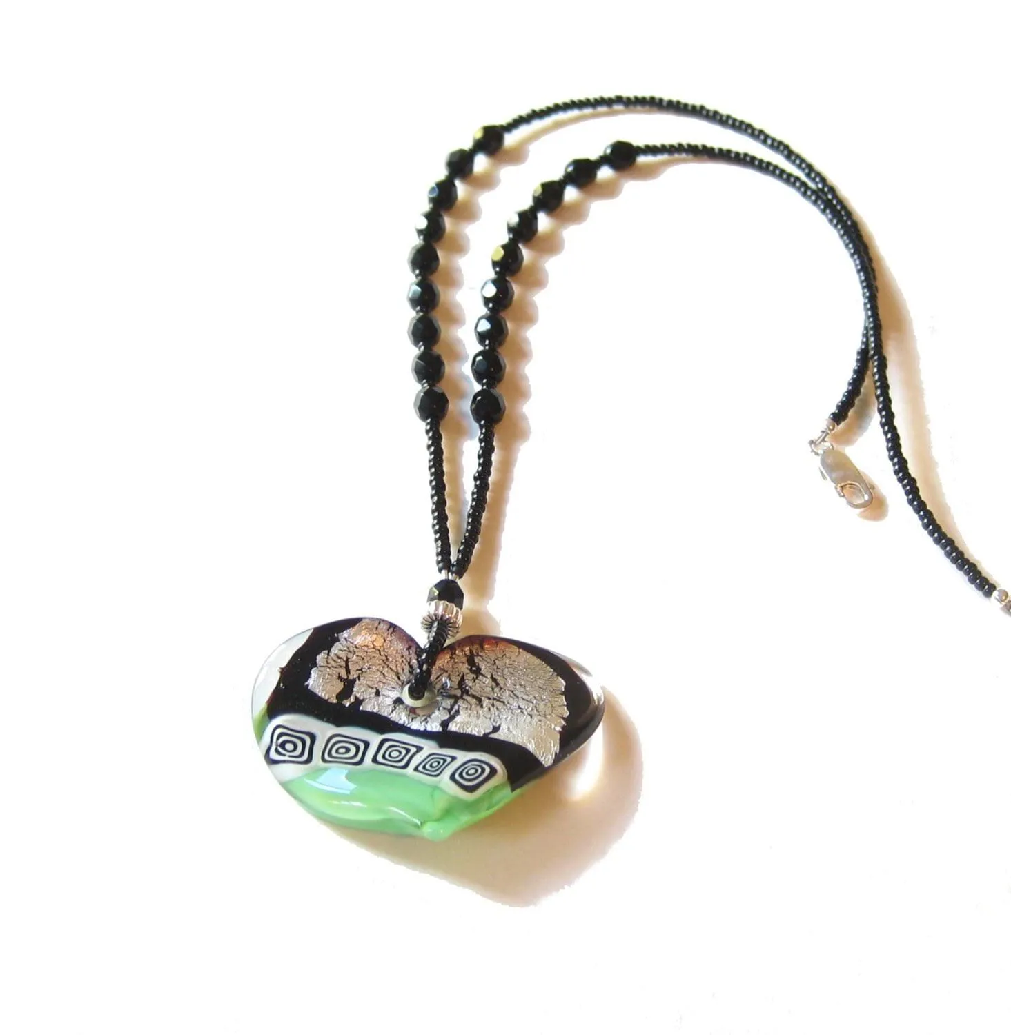 Murano Glass Large Heart Black Green Pendant Necklace