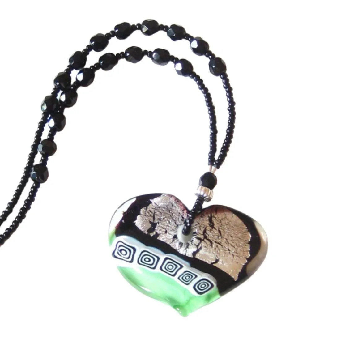 Murano Glass Large Heart Black Green Pendant Necklace