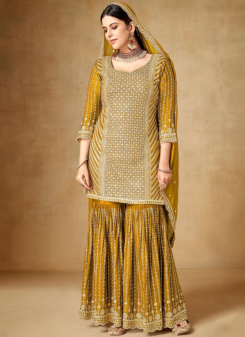 Mustard Yellow Sequence And Zari Embroidery Gharara Suit
