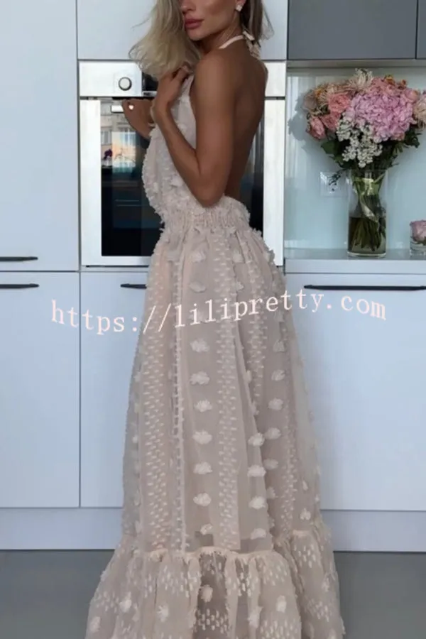 My Summer Beauty Flower Decor Elastic Waist Backless Halter Maxi Dress