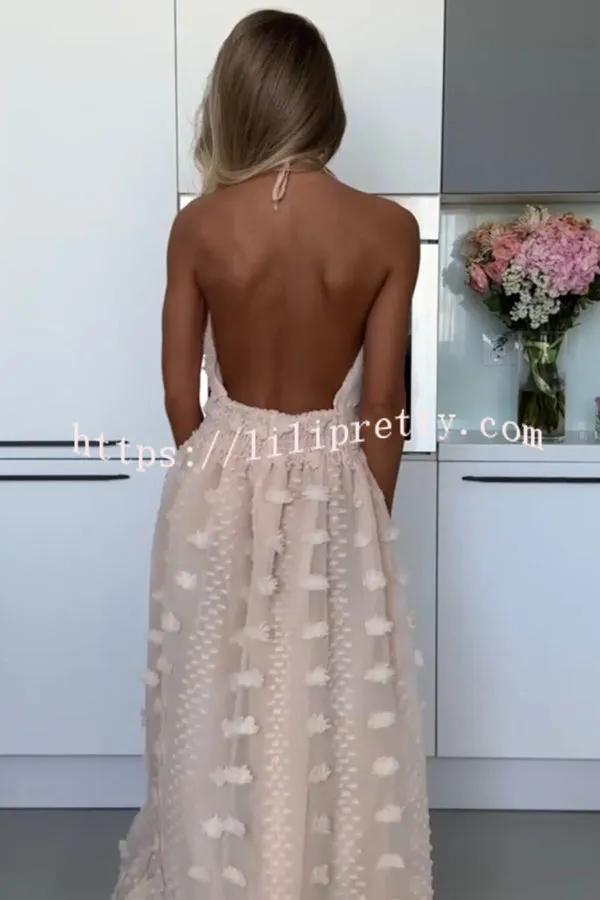 My Summer Beauty Flower Decor Elastic Waist Backless Halter Maxi Dress