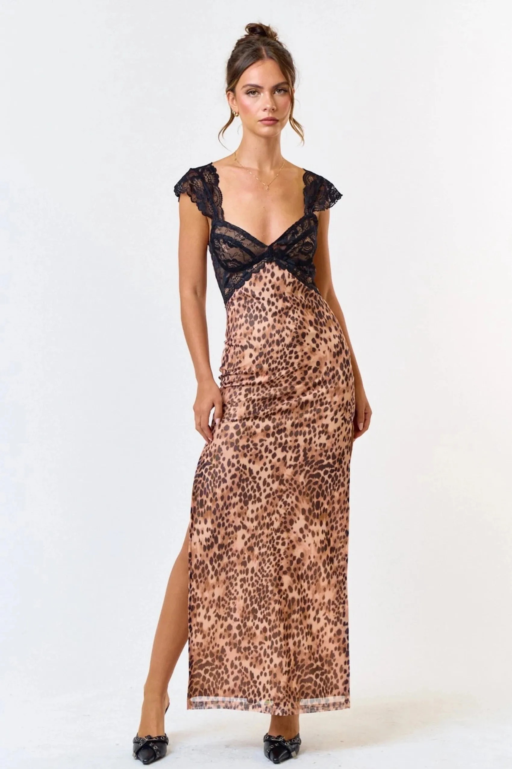 Mystified Leopard and Lace Side Slit Maxi Dress